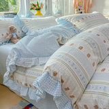 3/4Pcs Bedding Set Korean Princess Ruffle Cute And Whimsical Plaid Cat Cartoon Style Bed Sheets Kawaii Linen 2 Bedroom Cotton