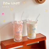 Kawaii Bowknot Glass Coffee Cups With Straw Aesthetic Cute Tumbler 380ml korean Cups For Ice Hot Juice Beer Milk Tea Glasses Cup