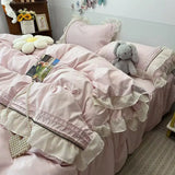 4PCS Princess Bedding Set Lace Ruffles Skin-Friendly Quilt Cover Skirt Bed Sheet Set 2 Pillowcases Queen Size For Girls Women