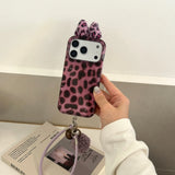 Cute 3D Leopard Bow Case with Hairball Bell Pendant Leather Chain for iPhone 17 16 15 14 Pro Max Shockproof Protective Cover