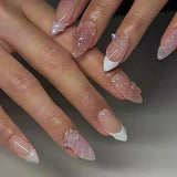 24Pcs Pink Almond False Nails Sweet Summer Fake Nail Cute Flowers Pearl Nails Press Ons Colorful Monet Press on Nails for Girls