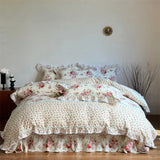 100% Cotton Korean Princess Style Rose Floral Plaid Ruffles Bedding Set Queen King Size Duvet Cover Bed Sheet Pillowcases 4Pcs