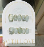 10Pcs Green Handmade Press on Nails Full Cover Flower French Ballet Artificial Pearl False Nails Manicure Wearable Nail Tips Art