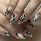 24pcs Glossy 3D Silver Butterfly Design Press on Nails Almond Metallic Aurora Purple False Nail with Glue Full Cover Wearable