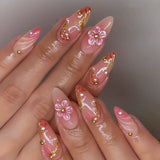 24pcs Light Pink Smudge Press on Nails Gold Leafing Nail Art Sweet 3D Floral Fake Nails Pearl Bow French False Nails Almond Nail
