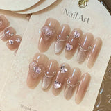 10Pcs Handmade Long False Nails with Glue Press On Nails Full Cover Glitter Almond Heart Rhinestone Manicure Wearable Nail Tips