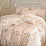 Rose Flowers Embroidery Lace Ruffles Bedding Set Lyocell Cotton Soft Silky Cooling Duvet Cover Flat/Fitted Bed Sheet Pillowcases
