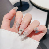 10Pcs Pink Handmade Press On Nails Full Cover Rhinestone Butterfly Design French Cat Eye False Nails Wearable Manicure Nail Tips