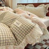 Korean Style Princess Lace Ruffles 100% Cotton Bedding Set Plaid Style Duvet Cover Set Bed Sheet Pillowcases 4Pcs