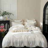 4Pcs Pink Chiffon Lace Princess Wedding Bedding Set Luxury 100% Cotton Duvet Cover Bed Sheet Or Quilted Bedspread Pillowcases