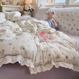 Korean Style Girly Heart Floral Double Layer Gauze Four-Piece Set Princess Style Lace Trim Quilt Cover Bed Sheet Dormitory