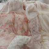 Flowers Print Lace Ruffles Princess Bedding Set Lyocell Soft Silky Duvet Cover Bed Sheet/Bed Skirt/Fitted Sheet Pillowcases 4Pcs