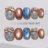 10pcs Short Ballet Handmade False Nails Blue Cat's Eye Fake Nail Tips with Glitter Flower Design Press on Nails Black Manicure