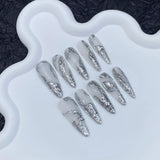 10Pcs Long Handmade Press on Nails Full Cover Shiny Cat Eye French Almond False Nails Wearable Manicure Nail Tips Spice Girls