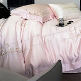 Pink Flowers Embroidery Bedding Set Lyocell Bamboo Fiber Soft Silky Cool Feeling Duvet Cover Flat/Fitted Bed Sheet Pillowcases