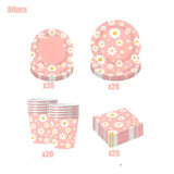 80pcs Pink Daisy Disposable Tableware Set Floral Paper Plates Cups Napkins For Baby Shower Girls Birthday Party Supplies