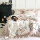 Rose Flower Print Bedding Set Luxury Lyocell Cotton Chiffon Lace Ruffles Duvet Cover Bed Sheet/Bed Skirt/Fitted Sheet Pillowcase