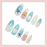 Almond Press on Fake Nails 3D Ripple Star False Nails Blue Smudge Detachable Full Cover Nails Tips 3D Shell Pearl Acrylic Nail