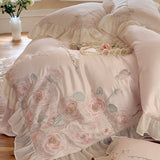 Flowers Embroidery Lace Ruffles Wedding Bedding Set Lyocell Silky Cooling Duvet Cover Set Flat/Fitted Bed Sheet Pillowcases 4Pcs