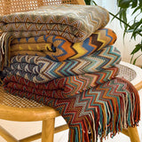 Bohemian Style Knitted Throw Blanket for Sofa Bed Retro Striped Decorative Blankets with Tassels Soft Comfortable Shawl Blanket