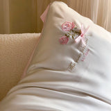 Rose Flowers Embroidery Bedding Set 800TC Lyocell Cotton Soft Silky Cool Feeling Duvet Cover Flat/Fitted Bed Sheet Pillowcases