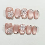 10Pcs 3D Flower Short Handmade Press on Nails Full Cover Rhinestone Pink French Ballet Cute Cat Eye Fake Nails Wearable Manicure