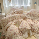 Bedding Set Korean Style New  Small Floral Water Washed Cotton Lace Duvet Cover Set Queen Size