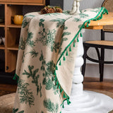 Round Tablecloth with Tassels Table Cloth Korean Cotton Linen Green Pine Table Cover Home Party Decoration Farmhouse Tabledecor