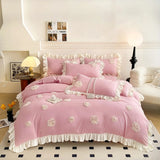 Korean Princess Style Flowers Lace Ruffles Bedding Set Comforter Queen King 4Pcs Duvet Cover Bed Sheet/Fitted Sheet Pillowcase