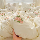3/4Pcs Washed Cotton Skin-friendly Soft Princess Rose Towel Embroidery Bedding Set Duvet Cover Bed Sheet/Fitted Sheet Pillowcase
