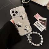 Korean 3D Puff Star Sliver Electroplated Phone Case with Bracelet Chain For iPhone 16 15 14 13 12 11 Pro Max Shockproof Cover