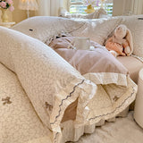 Korean Princess Style Floral Prints Ruffles Bedding Set Double Layer Yarn 100% Cotton Duvet Cover Pillowcases Bed Sheet 4Pcs