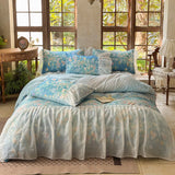 4Pcs French Princess Style Tencel Cotton Ice Silk Summer Cooling Comforter Set Blue Print Ruffle Bedding Set 1.5M Bedspread