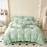 Rose Flowers Embroidery Ruffle Lace Bedding Set Washed Cotton Duvet Cover Set Skin Friendly Bed Sheet Pillowcases Princess Style
