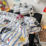 Bedding Set Double Layered Yarn INS Girls Mushroom Soft Washed Cotton Bed Sheet Queen King Size Duvet Set Pillowcase Bed Sheet