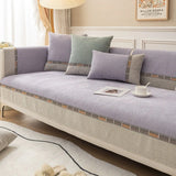 1pc Bohemian-Style Solid Color Small Diamond Chenille Non-Slip Sofa Cover,Two-Tone Splice Design,Ideal for Bedroom,Living Room