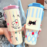 900ML Cute Insulated Tumbler Coffee Cup For Girls 316 Stainless Steel Thermo Bottle Travel Mug Vacuum Flask With Handle Straw