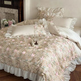 1000TC Egyptian Cotton Bedding Set Duvet Cover Flat/Fitted Bed Sheet Pillowcases, Floral Embroidery Ruffles Luxury Bed Linens