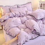 Heart Print Duvet Cover Set Princess Style Lace Ruffles Bedding Set Queen King Skin Friendly Soft Quilt Cover Sheet Pillowcases