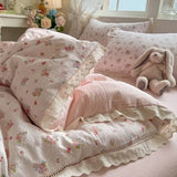 Korean Style Girly Heart Floral Double Layer Gauze Four-Piece Set Princess Style Lace Trim Quilt Cover Bed Sheet Dormitory