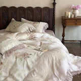 4Pcs Lyocell Soft Silky Cooling Vintage Lace Ruffles Floral Prints Bedding Set Duvet Cover Bed Sheet/Fitted Sheet Pillowcases