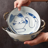 7.5inch Japanese Noodle Bowl With Dual Handles Cat Ceramic Salad Bowl Cat Plant Flower Pattern Kitchen Soup Tableware Bowl