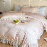 Vintage Jacquard Lace Ruffles Wedding Bedding Set Lyocell Cotton Soft Silky Duvet Cover Set Bed Sheet Fitted Sheet Pillowcases