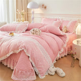 Korean Luxury Lace Ruffles Bedding Set Skin-Friendly Washed Cotton Princess Style Duvet Cover Bed Sheet Pillowcase Home Textiles