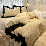 Floral print Korean style Princess Lace Bedding Set Duvet Cover Set Washed Cotton Flat Sheet set Queen For Girl Decor Home
