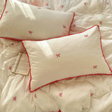 Ins Cream Style Bedding Set Red Embroidery Bow Triangular Needle Stitching Double-layer Yarn Soft Comfortable Bedroom Decoration
