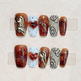 10Pcs Amber Autumn Handmade Press on Nails Full Cover Leopard Print Cat Eye Heart French Ballerina Fake Nails Wearable Manicure