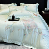 100% Egyptian Cotton Butterfly Flowers Embroidery Premium Luxury Bedding Set Duvet Cover Flat/Fitted Bed Sheet Pillowcases 4Pcs