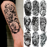 1 Sheet Compass Flower Temporary Tattoos For Women Men Adults Skull Lion Owl Tattoo Sleeve Sticker Black Fake