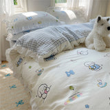 A-Class Skin Friendly Printing Bedding Set With Lace Duvet Cover Bed Sheet Pillowcases Four Piece Set Bedroom Decor Home Textile